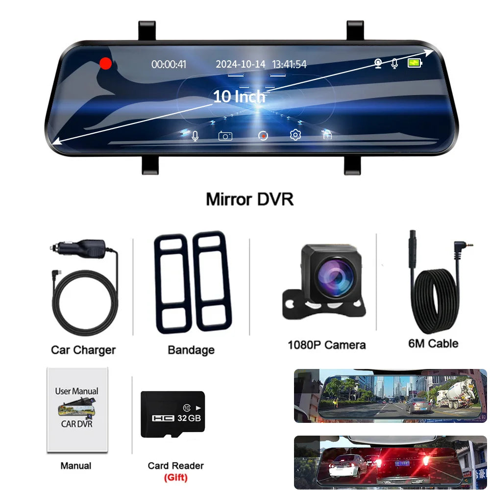 Car Dash Cam 10inch 4K Dvr Carplay Android Auto GPS 5G WIFI AUX Stream RearView Mirror Dashcam Camera Drive Recorder FM