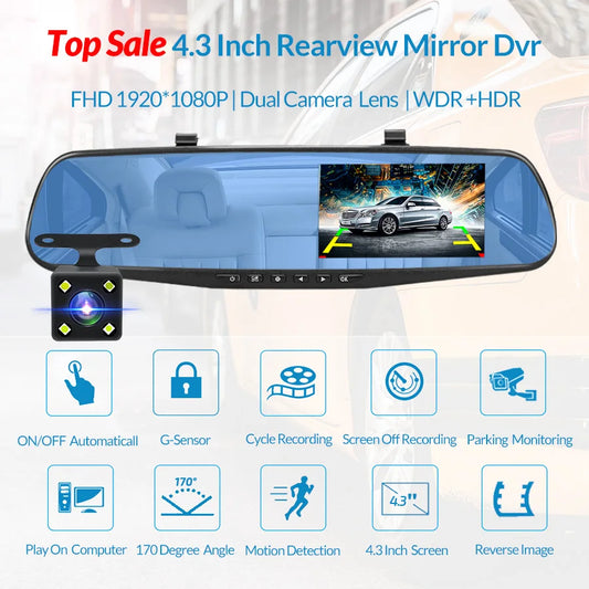 E-ACE Dashcam Car Dvr 4.3 Inch Mirror FHD 1080P Camera Dual Lens DVR  Rearview Mirror Dash Camera Car Video Recorder Auto