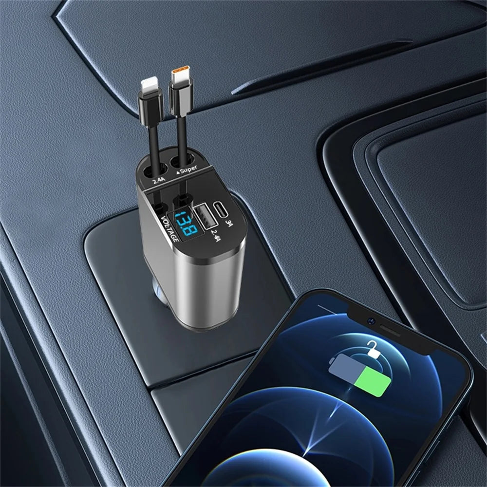 4 in 1 120W Car Charger Retractable Car Cigarette Lighter Adapter USB Type C Fast Charger Cable For IPhone Xiaomi Huawei Samsung