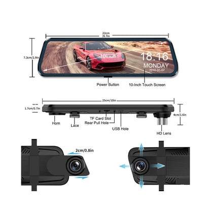 Car Dash Cam 10inch 4K Dvr Carplay Android Auto GPS 5G WIFI AUX Stream RearView Mirror Dashcam Camera Drive Recorder FM